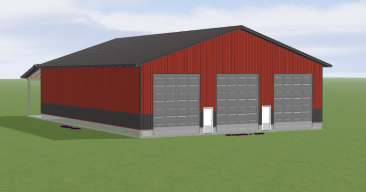 3D render of a red post-frame shop with roll-up doors