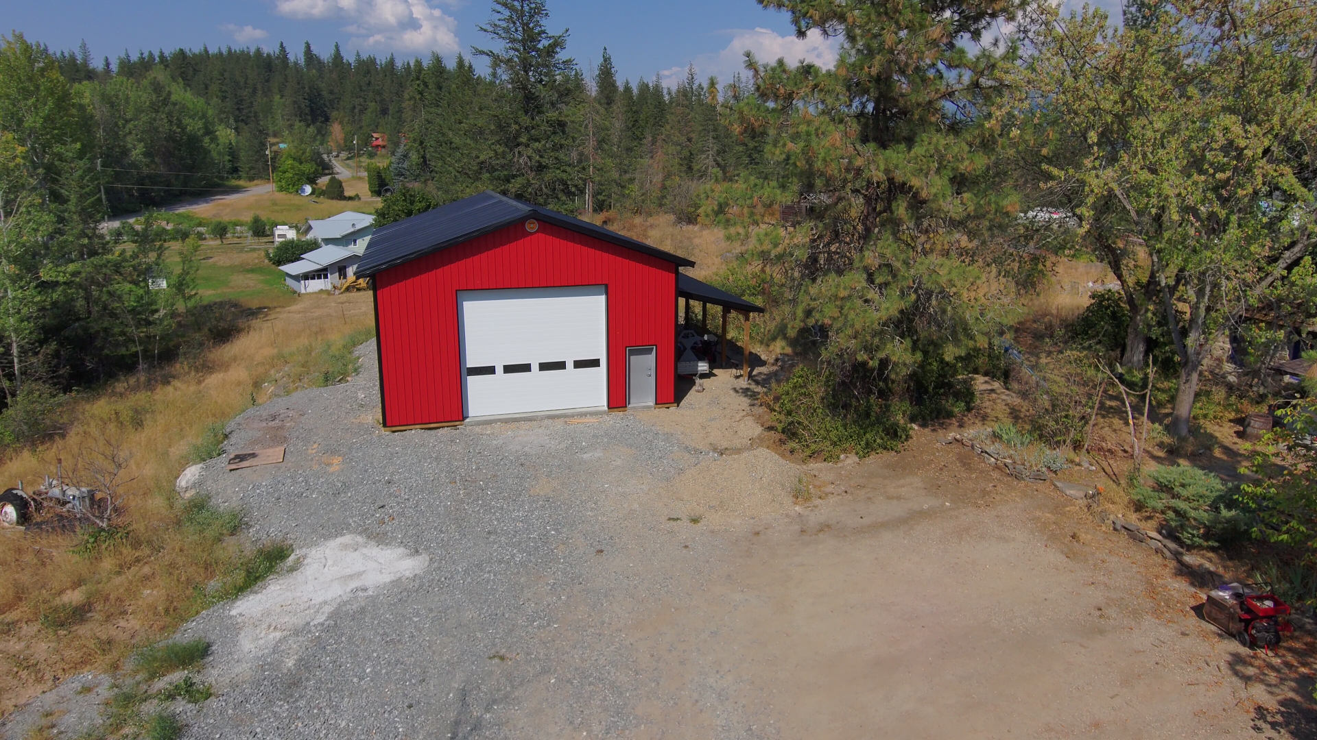 Aerial view of completed acreage shop in the Central Okanagan
