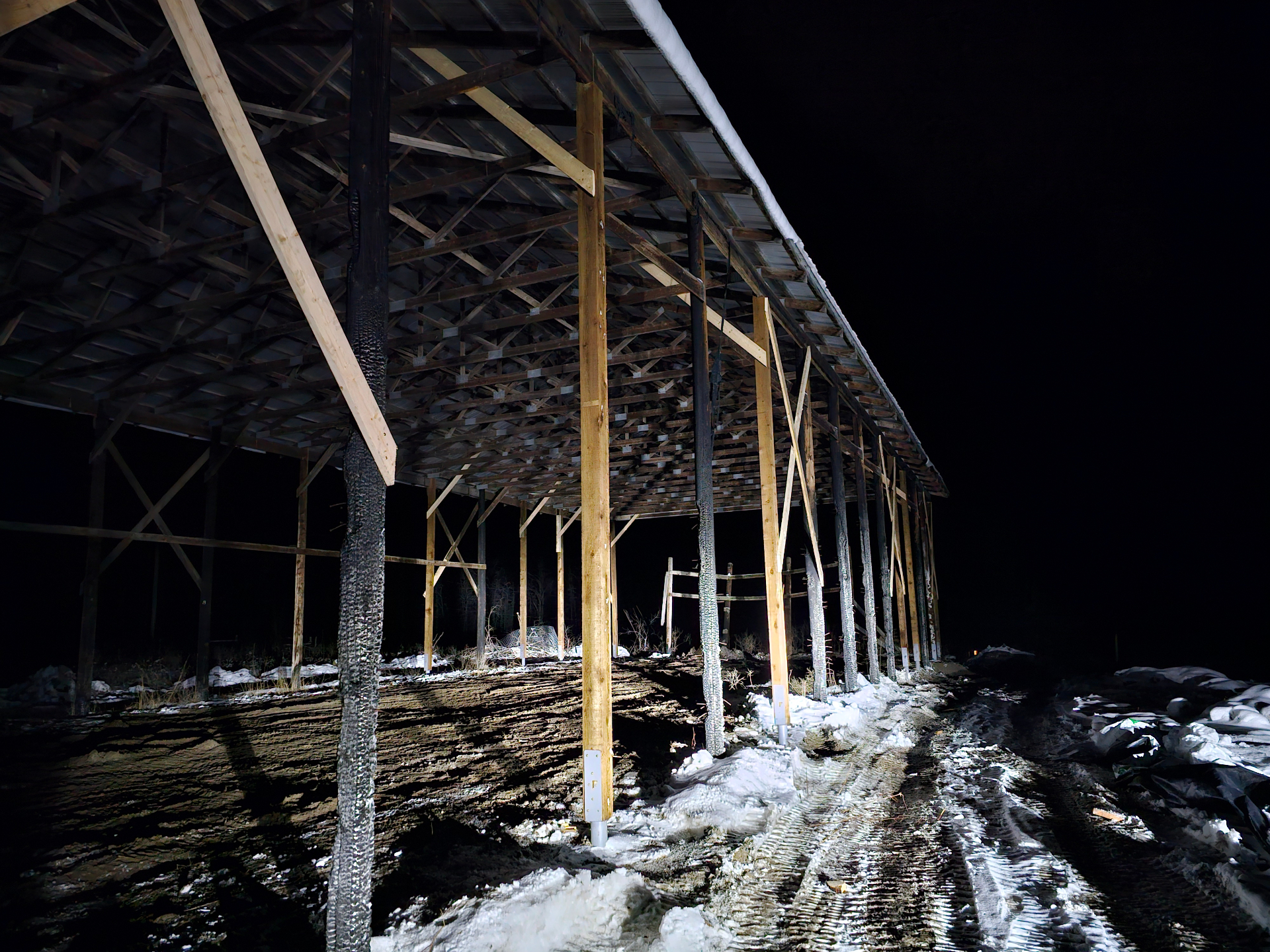 Completed hay shed in the Shuswap region at dusk
