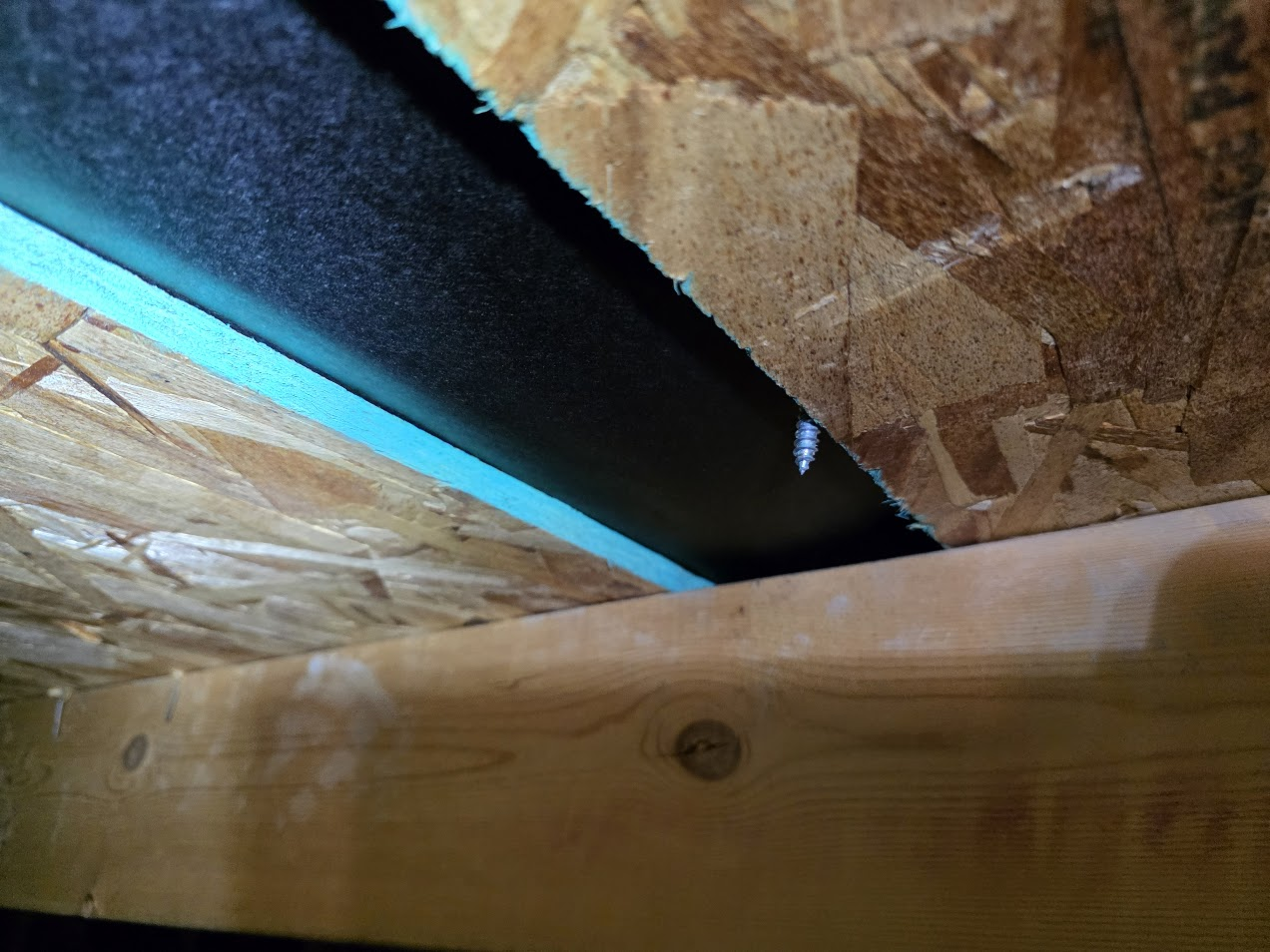 Loose screws on OSB under metal roofing showing screw backing out of sheathing